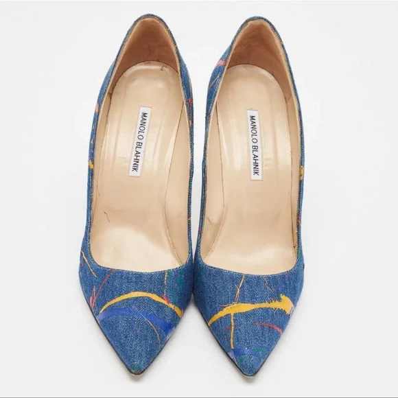 Manolo Blahnik Denim Paint-Splatter Pumps, Size 42 - Picture 4 of 9